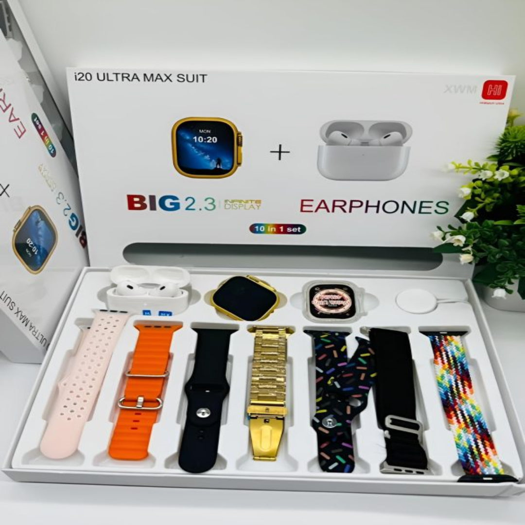 I20 Ultra Max Smart Watch 10-in-1 Box with 7 Straps & AirPods 2 Smartwatch set with various bands and earphones in a box labeled 'i20 Ultra Max Suit'.