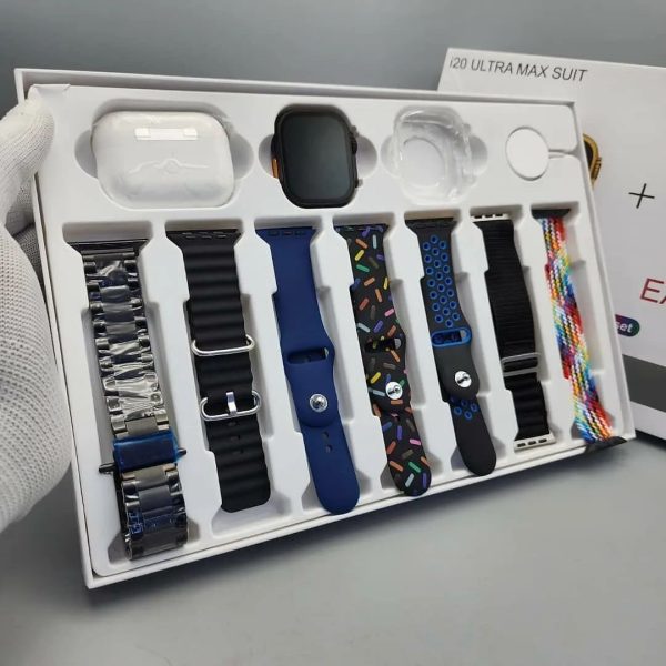I20 Ultra Max Smart Watch 10-in-1 Box with 7 Straps & AirPods 2 I20 Ultra Max Smart Watch 10-in-1 Box with 7 Straps & AirPods 2